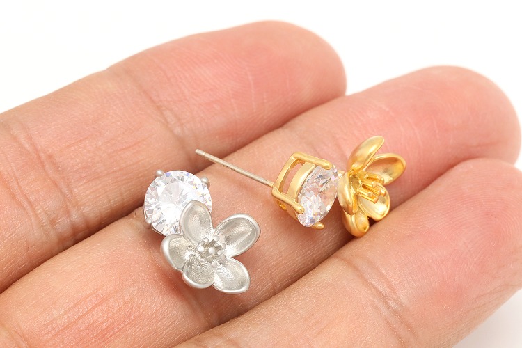 S063-Matt Gold Plated&amp;Matt Rhodium Plated-(1pairs)-12*18mm Flower CZ  Earrings,Big Cubic Stud Earrings,Brass Earring Findings, Special CZ Earring ,Silver Post,Color Option, [PRODUCT_SEARCH_KEYWORD], JEWELFINGER-INBEAD, [CURRENT_CATE_NAME]