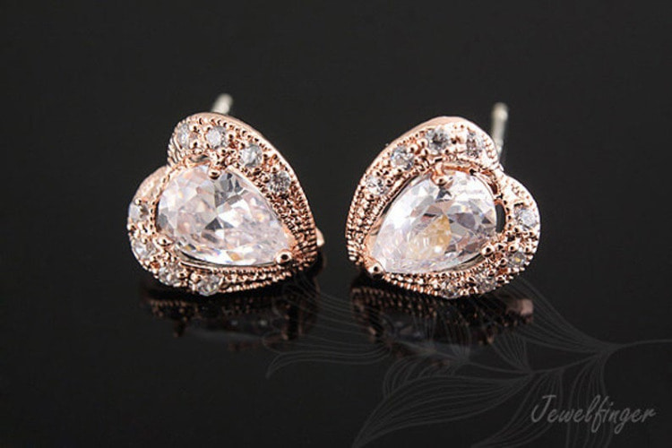 H698-Pink Gold Plated (1pairs)-CZ Heart-Ear Post, [PRODUCT_SEARCH_KEYWORD], JEWELFINGER-INBEAD, [CURRENT_CATE_NAME]