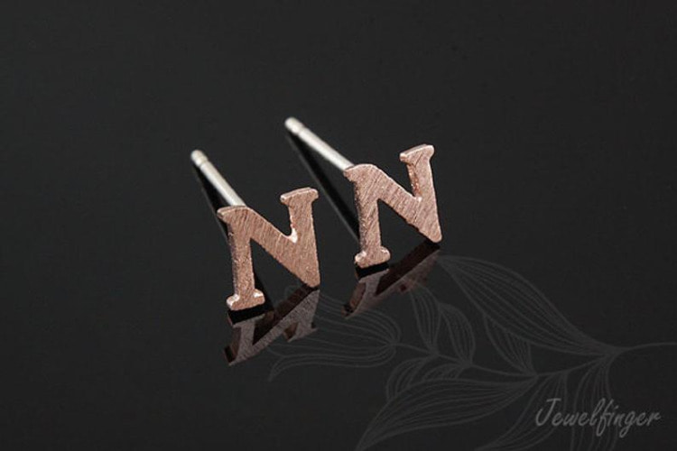 [W] K1274-Pink Gold Plated (10pairs)-Sand Grinding Treatment-Initial N-Initial Earrings-Silver Post, [PRODUCT_SEARCH_KEYWORD], JEWELFINGER-INBEAD, [CURRENT_CATE_NAME]