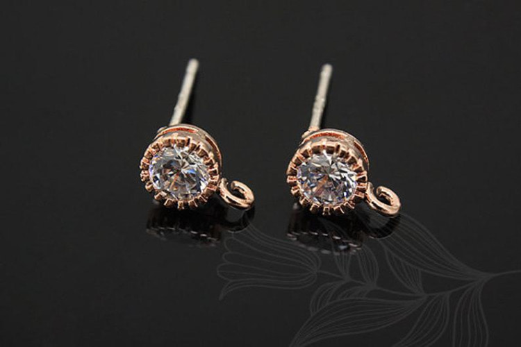 B525-Pink Gold Plated (1pairs)-Round Cubic Ear Post-5mm CZ Post Ear Stud-Earring component-Silver Post, [PRODUCT_SEARCH_KEYWORD], JEWELFINGER-INBEAD, [CURRENT_CATE_NAME]