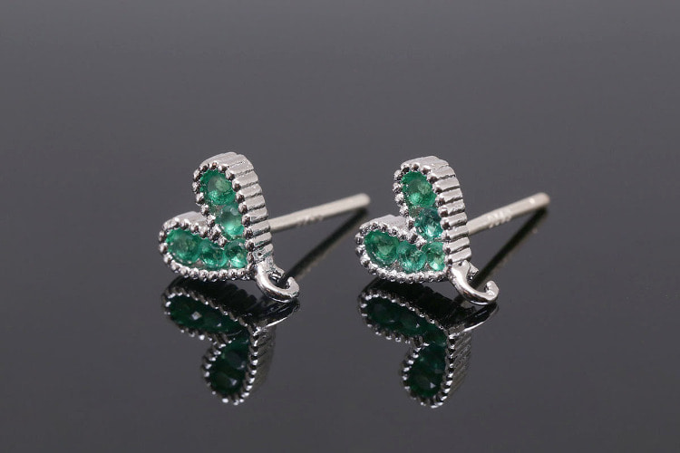 S1387-Rhodium Plated (1pairs)-Emerald Cubic Heart Stud Earrings-Dainty Heart Post Earrings-Silver Post, [PRODUCT_SEARCH_KEYWORD], JEWELFINGER-INBEAD, [CURRENT_CATE_NAME]