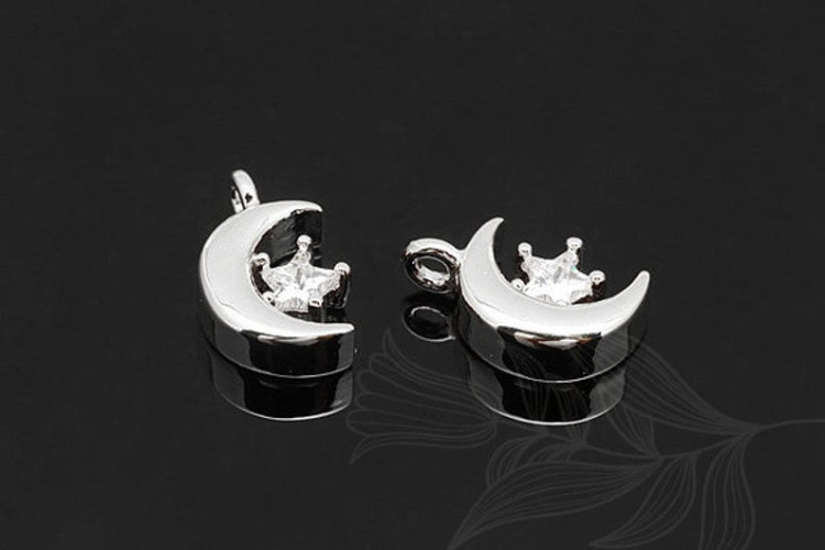 M1713-Rhodium Plated-(2pcs)-CZ Crescent Moon&amp;Star Charm-Tiny Cubic Charm-Wholesale Charms, [PRODUCT_SEARCH_KEYWORD], JEWELFINGER-INBEAD, [CURRENT_CATE_NAME]