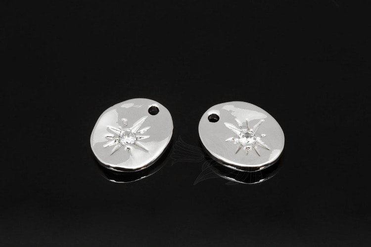 H1193-Rhodium Plated-(2pcs)-CZ Hammered Disc North Star-CZ Hammered Disc Polaris-Dainty Starburst Charm-CZ Polaris on Hammered Coin-Wholesale Charms, [PRODUCT_SEARCH_KEYWORD], JEWELFINGER-INBEAD, [CURRENT_CATE_NAME]