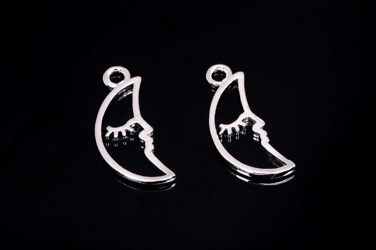 H601-Rhodium Plated-(2pcs)-Crescent Moon Face Charms-Tiny Outline Moon Pendant-Medallion Necklace Charm-Wholesale Charms, [PRODUCT_SEARCH_KEYWORD], JEWELFINGER-INBEAD, [CURRENT_CATE_NAME]
