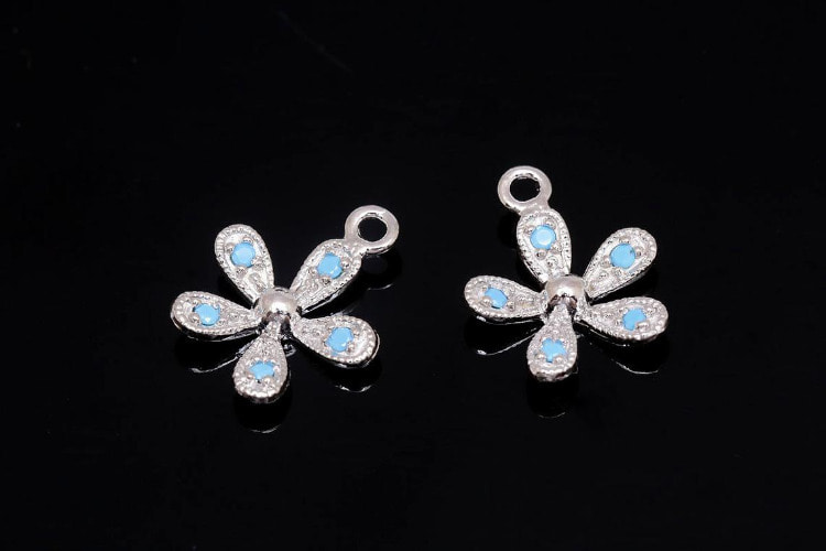 K851-Rhodium Plated-(2pcs)-Turquoise Cubic Flower Charm-Tiny Flower Pendant-Medallion Necklace Charm-Wholesale Charms, [PRODUCT_SEARCH_KEYWORD], JEWELFINGER-INBEAD, [CURRENT_CATE_NAME]