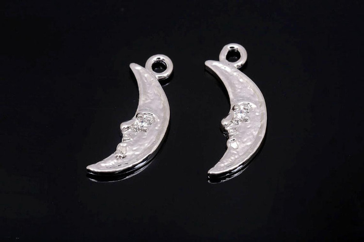 K872-Rhodium Plated-(2pcs)-Cubic Crescent Moon Face Charms-Tiny Moon Pendant-Medallion Necklace Charm-Wholesale Charms, [PRODUCT_SEARCH_KEYWORD], JEWELFINGER-INBEAD, [CURRENT_CATE_NAME]