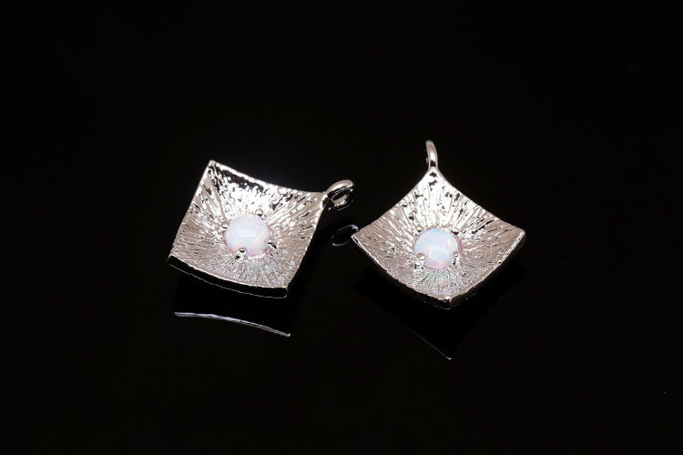 S609-Rhodium Plated-(2pcs)-Opal Rhombus Charms-Medallion Necklace Charm-Necklace Bracelet Making Supply-Wholesale Charms, [PRODUCT_SEARCH_KEYWORD], JEWELFINGER-INBEAD, [CURRENT_CATE_NAME]