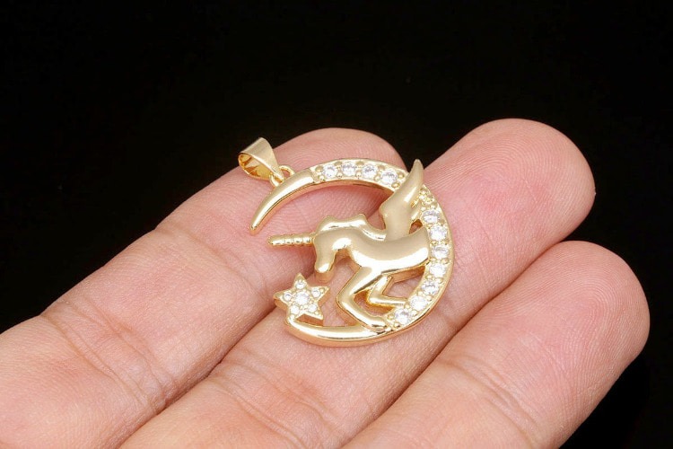 BC256-Gold Plated-(1piece)-Cubic Unicorn Pendant-Moon&amp;Star Charms-Medallion Necklace Charm-Wholesale Pendants, [PRODUCT_SEARCH_KEYWORD], JEWELFINGER-INBEAD, [CURRENT_CATE_NAME]