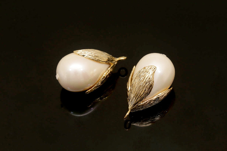 [W] F67-Gold Plated-(20pcs)-Leaf Cap Drop Pearl Pendant-Shell Pearl Charms-Necklace Earrings Making Supply-Wholesale Pendants, [PRODUCT_SEARCH_KEYWORD], JEWELFINGER-INBEAD, [CURRENT_CATE_NAME]
