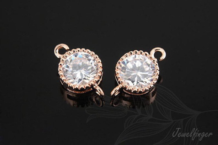M229-Pink Gold Plated-(2pcs)-Sideways 7mm Round Cubic Connector-Wedding jewelry Connector-Wholesale Connectors, [PRODUCT_SEARCH_KEYWORD], JEWELFINGER-INBEAD, [CURRENT_CATE_NAME]
