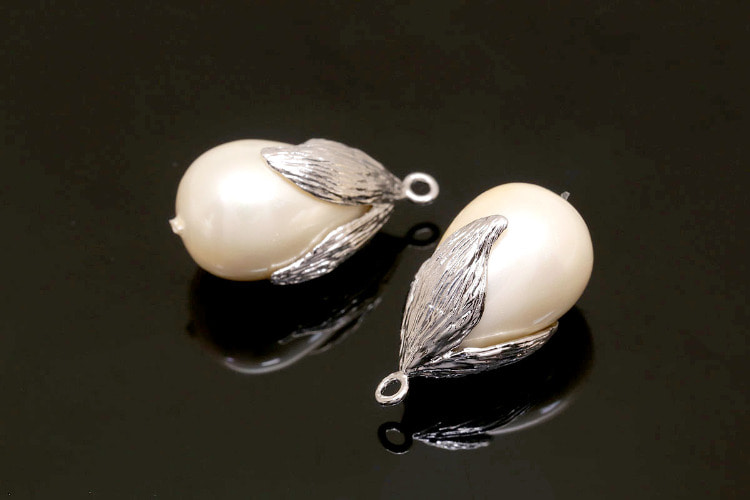 [W] F68-Rhodium Plated-(20pcs)-Leaf Cap Drop Pearl Pendant-Shell Pearl Charms-Necklace Earrings Making Supply-Wholesale Pendants, [PRODUCT_SEARCH_KEYWORD], JEWELFINGER-INBEAD, [CURRENT_CATE_NAME]