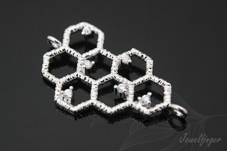 C760-Rhodium Plated-(2pcs)-Sideways Honeycomb Cubic Connector-Honeycomb Pendant-Wholesale Connectors, [PRODUCT_SEARCH_KEYWORD], JEWELFINGER-INBEAD, [CURRENT_CATE_NAME]