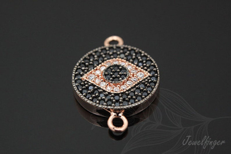 [W] E734-Pink Gold Plated-(4pcs)-Sideways 13mm Black Cubic Evil Eye Connector-Wholesale Connectors, [PRODUCT_SEARCH_KEYWORD], JEWELFINGER-INBEAD, [CURRENT_CATE_NAME]