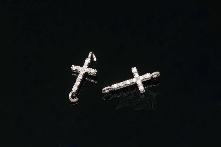 M1919-Rhodium Plated-(2pcs)-Cross Micro Pave Connector-Cross Cubic Zirconia Connector-CZ Cross Pendant-Wholesale Connectors, [PRODUCT_SEARCH_KEYWORD], JEWELFINGER-INBEAD, [CURRENT_CATE_NAME]
