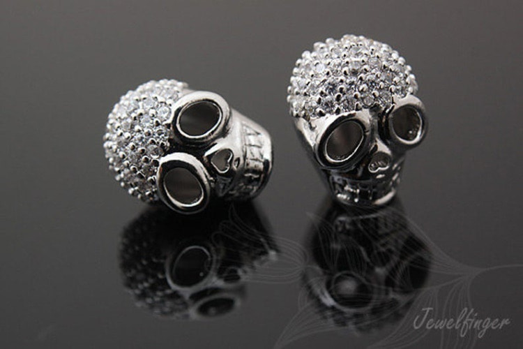 [W] E619-Rhodium Plated-CZ Skull Beads (10pcs), [PRODUCT_SEARCH_KEYWORD], JEWELFINGER-INBEAD, [CURRENT_CATE_NAME]