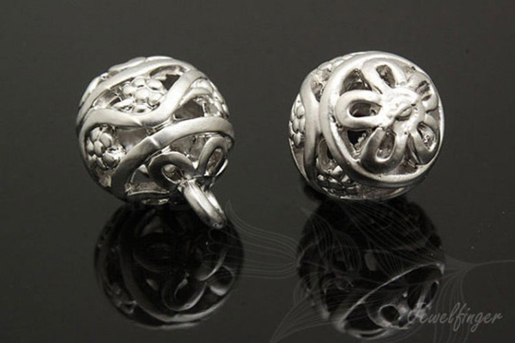 B574-Matt Rhodium Plated-(2pcs)-11mm Round Ball Chams-Flower Ball beads-Wholesale Charms, [PRODUCT_SEARCH_KEYWORD], JEWELFINGER-INBEAD, [CURRENT_CATE_NAME]