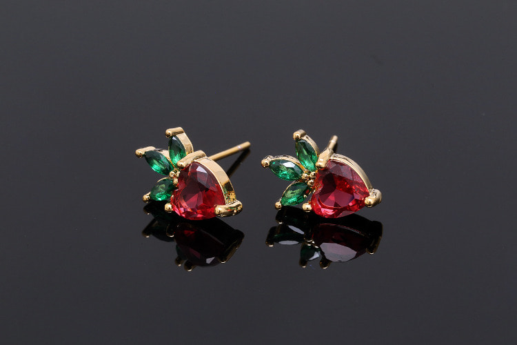 CH6018-Gold Plated-(1pairs)-Dainty Fruit Earrings-Cubic Strawberry Earrings-Nickel Free-Silver Post, [PRODUCT_SEARCH_KEYWORD], JEWELFINGER-INBEAD, [CURRENT_CATE_NAME]