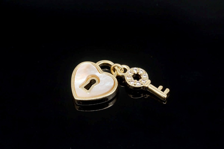 [W] M244-Gold Plated-(20pcs)-M.O.P Heart Lock Charms-CZ Key Pendant-Necklace Earrings Making Supply-Wholesale Charms, [PRODUCT_SEARCH_KEYWORD], JEWELFINGER-INBEAD, [CURRENT_CATE_NAME]