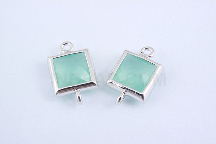 S996-Rhodium Plated-(2pcs)-Mint Glass Faceted Square Connector-7mm Square Framed Glass Mint-Wholesale Glass, [PRODUCT_SEARCH_KEYWORD], JEWELFINGER-INBEAD, [CURRENT_CATE_NAME]
