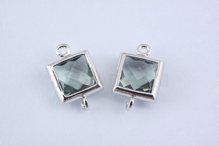S966-Rhodium Plated-(2pcs)-Charcoal Glass Faceted Square Connector-7mm Square Framed Glass Charcoal-Wholesale Glass, [PRODUCT_SEARCH_KEYWORD], JEWELFINGER-INBEAD, [CURRENT_CATE_NAME]
