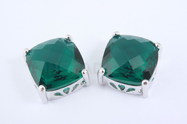 S1038-Rhodium Plated-(2pcs)-Emerald Glass Faceted Square Charms-10mm Square Framed Glass Emerald-Wholesale Glass, [PRODUCT_SEARCH_KEYWORD], JEWELFINGER-INBEAD, [CURRENT_CATE_NAME]