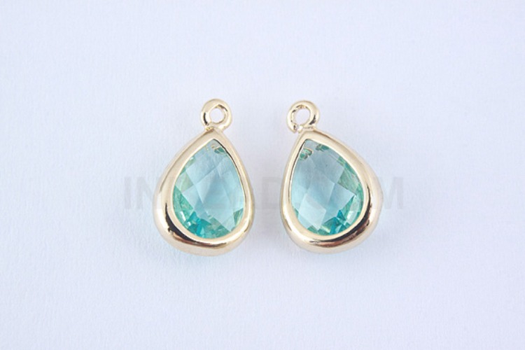S985-Gold Plated-(2pcs)-Aquamarine Glass Drop Charms-Drop Framed Glass Aquamarine-Wholesale Glass, [PRODUCT_SEARCH_KEYWORD], JEWELFINGER-INBEAD, [CURRENT_CATE_NAME]