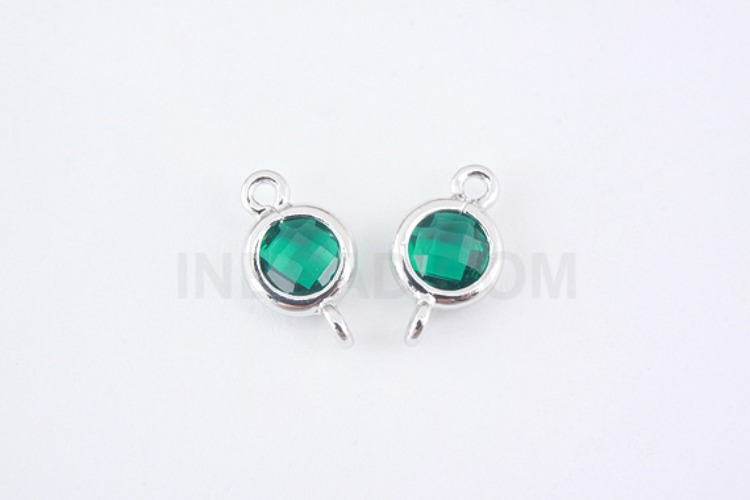 S956-Rhodium Plated-(2pcs)-Emerald Glass Circle Connector-5.2mm Circle Framed Glass Emerald-Wholesale Glass, [PRODUCT_SEARCH_KEYWORD], JEWELFINGER-INBEAD, [CURRENT_CATE_NAME]