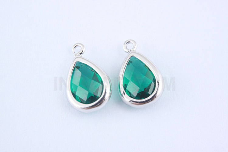 S990-Rhodium Plated-(2pcs)-Emerald Glass Drop Charms-Drop Framed Glass Emerald-Wholesale Glass, [PRODUCT_SEARCH_KEYWORD], JEWELFINGER-INBEAD, [CURRENT_CATE_NAME]