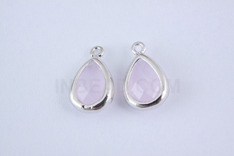 S992-Rhodium Plated-(2pcs)-Ice Pink Glass Drop Charms-Drop Framed Glass Ice Pink-Wholesale Glass, [PRODUCT_SEARCH_KEYWORD], JEWELFINGER-INBEAD, [CURRENT_CATE_NAME]
