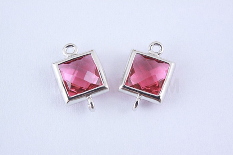S978-Rhodium Plated-(2pcs)-Ruby Glass Faceted Square Connector-7mm Square Framed Glass Ruby-Wholesale Glass, [PRODUCT_SEARCH_KEYWORD], JEWELFINGER-INBEAD, [CURRENT_CATE_NAME]
