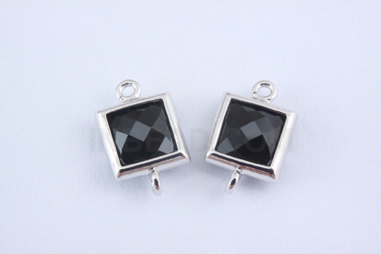 S972-Rhodium Plated-(2pcs)-Black Glass Faceted Square Connector-7mm Square Framed Glass Black-Wholesale Glass, [PRODUCT_SEARCH_KEYWORD], JEWELFINGER-INBEAD, [CURRENT_CATE_NAME]