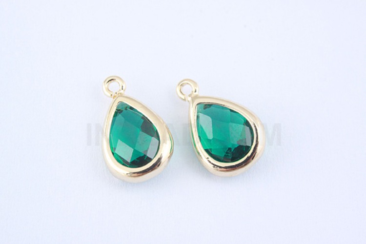 S991-Gold Plated-(2pcs)-Emerald Glass Drop Charms-Drop Framed Glass Emerald-Wholesale Glass, [PRODUCT_SEARCH_KEYWORD], JEWELFINGER-INBEAD, [CURRENT_CATE_NAME]