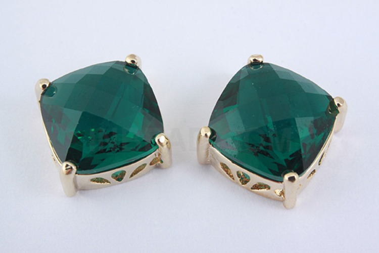 S1039-Gold Plated-(2pcs)-Emerald Glass Faceted Square Charms-10mm Square Framed Glass Emerald-Wholesale Glass, [PRODUCT_SEARCH_KEYWORD], JEWELFINGER-INBEAD, [CURRENT_CATE_NAME]