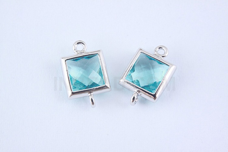S970-Rhodium Plated-(2pcs)-Aquamarine Glass Faceted Square Connector-7mm Square Framed Glass Aquamarine-Wholesale Glass, [PRODUCT_SEARCH_KEYWORD], JEWELFINGER-INBEAD, [CURRENT_CATE_NAME]