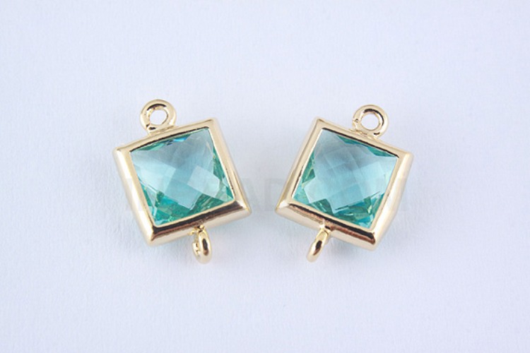 S971-Gold Plated-(2pcs)-Aquamarine Glass Faceted Square Connector-7mm Square Framed Glass Aquamarine-Wholesale Glass, [PRODUCT_SEARCH_KEYWORD], JEWELFINGER-INBEAD, [CURRENT_CATE_NAME]