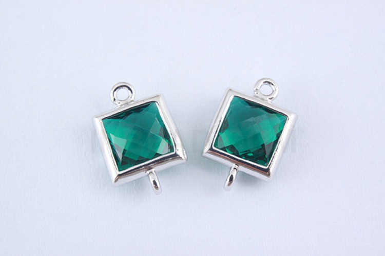 S974-Rhodium Plated-(2pcs)-Emerald Glass Faceted Square Connector-7mm Square Framed Glass Emerald-Wholesale Glass, [PRODUCT_SEARCH_KEYWORD], JEWELFINGER-INBEAD, [CURRENT_CATE_NAME]