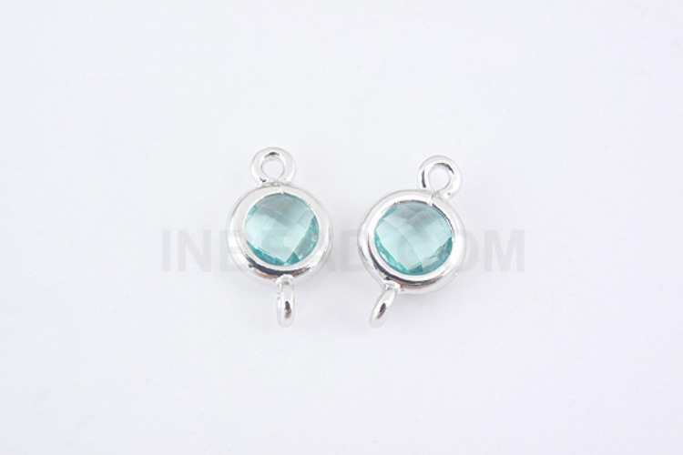 S950-Rhodium Plated-(2pcs)-Aquamarine Glass Circle Connector-5.2mm Circle Framed Glass Aquamarine-Wholesale Glass, [PRODUCT_SEARCH_KEYWORD], JEWELFINGER-INBEAD, [CURRENT_CATE_NAME]