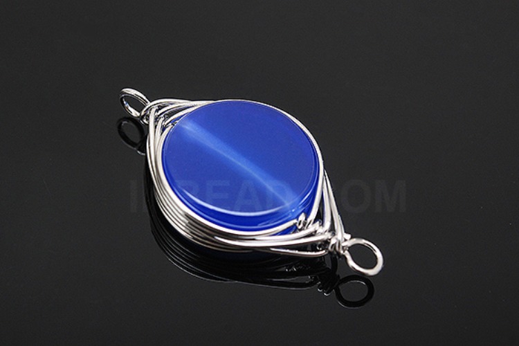 G528-Rhodium Plated-(2pcs)-Blue Agate Connecter-Gemstone Pendant-Wholesale Gemstone, [PRODUCT_SEARCH_KEYWORD], JEWELFINGER-INBEAD, [CURRENT_CATE_NAME]