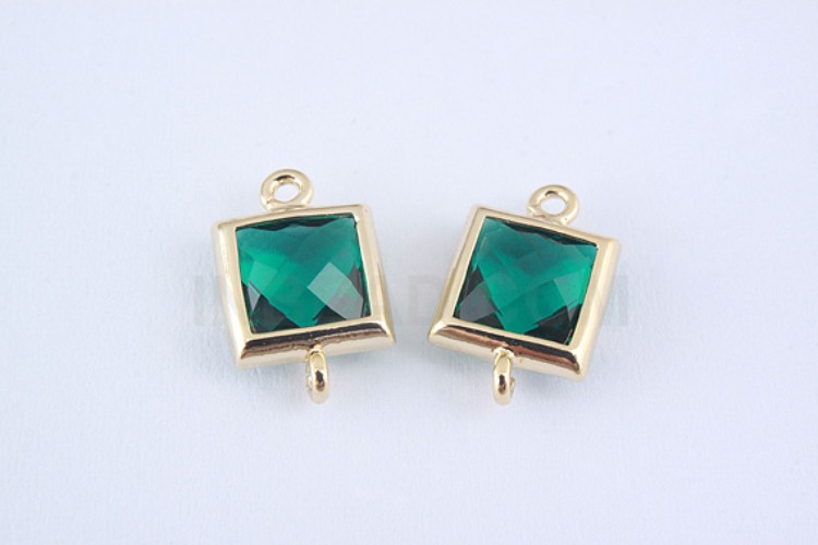 S975-Gold Plated-(2pcs)-Emerald Glass Faceted Square Connector-7mm Square Framed Glass Emerald-Wholesale Glass, [PRODUCT_SEARCH_KEYWORD], JEWELFINGER-INBEAD, [CURRENT_CATE_NAME]