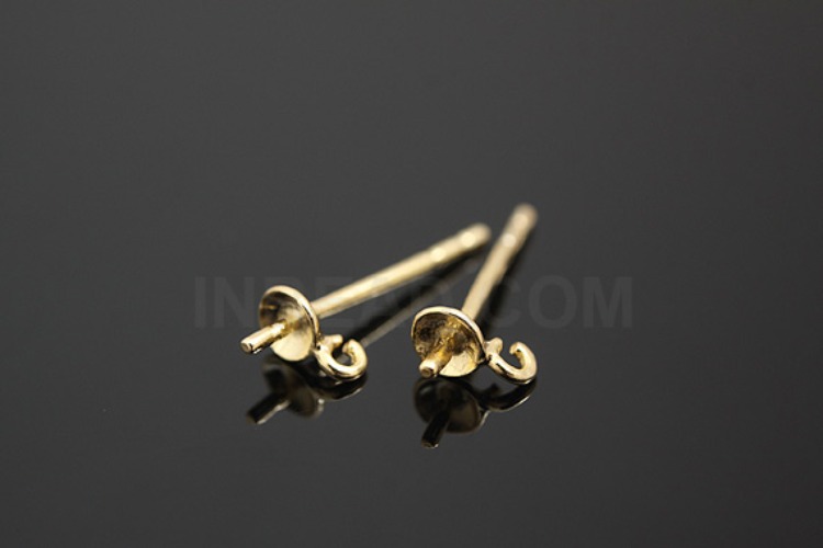 K075-Gold Plated-(1pairs)-3.2mm Cup Post Earrings-3.2mm Cup For Half Drilled Pearls Or Stones Ear Studs-Wholesale Silver Earrings, [PRODUCT_SEARCH_KEYWORD], JEWELFINGER-INBEAD, [CURRENT_CATE_NAME]