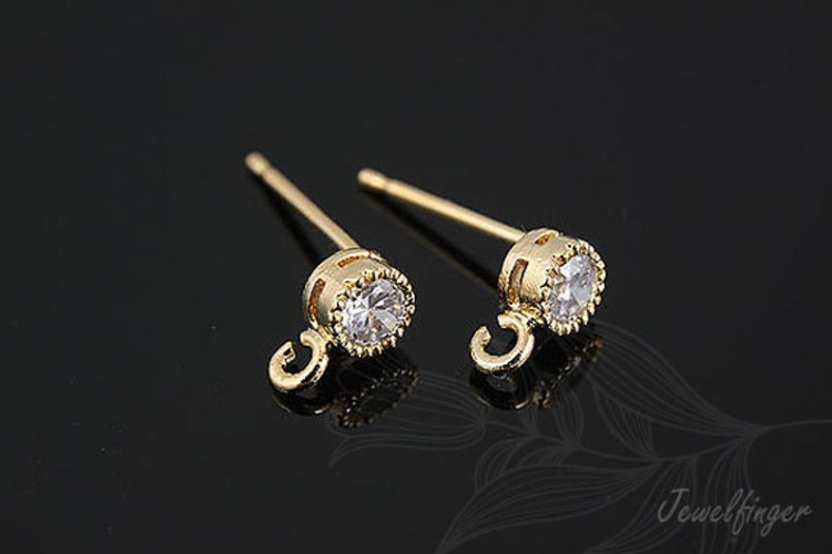K192-Gold Plated-(1pairs)-Round Cubic Ear Post-CZ Post Ear Stud-Earring Component-Wholesale Silver Earrings, [PRODUCT_SEARCH_KEYWORD], JEWELFINGER-INBEAD, [CURRENT_CATE_NAME]