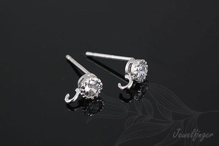 K409-Rhodium Plated-(1pairs)-Round Cubic Ear Post-CZ Post Ear Stud-Earring Component-Wholesale Silver Earrings, [PRODUCT_SEARCH_KEYWORD], JEWELFINGER-INBEAD, [CURRENT_CATE_NAME]
