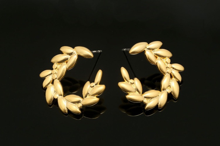CH6124-Matt Gold Plated-(1pairs)-20mm Round Leaf Earrings-Laurel Tree Post Earrings-Silver Post, [PRODUCT_SEARCH_KEYWORD], JEWELFINGER-INBEAD, [CURRENT_CATE_NAME]