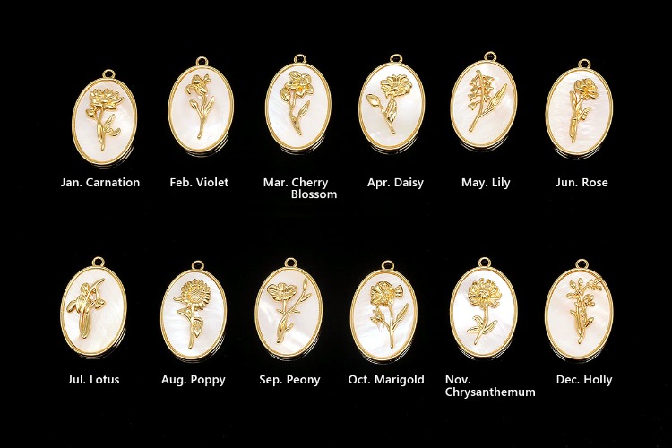 [W] CH6131-Gold Plated Birth Flower-(60pcs)-Birth Flower Each 5pcs 12set-MOP Birth Flower Pendant-Floral Flower Tag Charm-Nickel Free-Wholesale Pendants, [PRODUCT_SEARCH_KEYWORD], JEWELFINGER-INBEAD, [CURRENT_CATE_NAME]