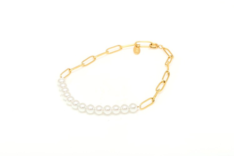 ST043-PVD Gold Plated-(1piece)-Stainless Pearl Necklace,Pearl Bracelet,Half Paperclip Chain Pearl Necklace,Half Pearl Bracelet.-Wholesale Chain, [PRODUCT_SEARCH_KEYWORD], JEWELFINGER-INBEAD, [CURRENT_CATE_NAME]