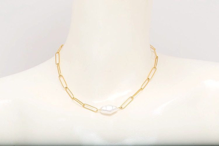 ST047-PVD Gold Plated-(1piece)-Stainless Pearl Necklace,Paperclip Chain Baroque Pearl Necklace-Wholesale Chain, [PRODUCT_SEARCH_KEYWORD], JEWELFINGER-INBEAD, [CURRENT_CATE_NAME]