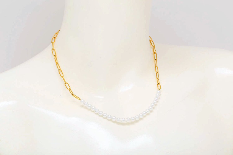 ST043-PVD Gold Plated-(1piece)-Stainless Pearl Necklace,Pearl Bracelet,Half Paperclip Chain Pearl Necklace,Half Pearl Bracelet.-Wholesale Chain, [PRODUCT_SEARCH_KEYWORD], JEWELFINGER-INBEAD, [CURRENT_CATE_NAME]