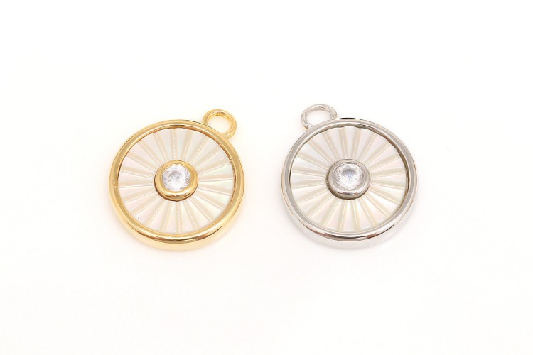 M241-Gold Plated&amp;Rhodium Plated-(2pcs)-11*13mm Cubic Round Shell Pendant,M.O.P Coin CZ Charm,Necklace Earring Making Supply,Color Option, [PRODUCT_SEARCH_KEYWORD], JEWELFINGER-INBEAD, [CURRENT_CATE_NAME]