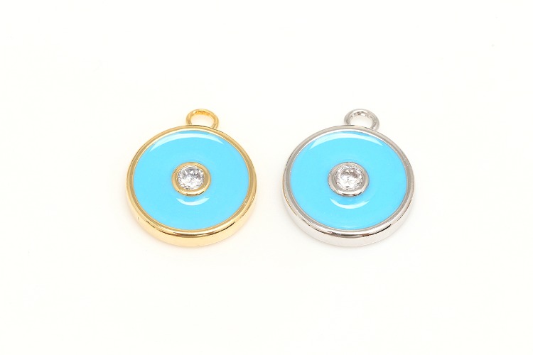 H631-Gold Plated&amp;Rhodium Plated-(2pcs)-11*13mm Cubic Round Epoxy Pendant,Blue Enamel Coin CZ Charm,Necklace Earring Making Supply,Color Option, [PRODUCT_SEARCH_KEYWORD], JEWELFINGER-INBEAD, [CURRENT_CATE_NAME]