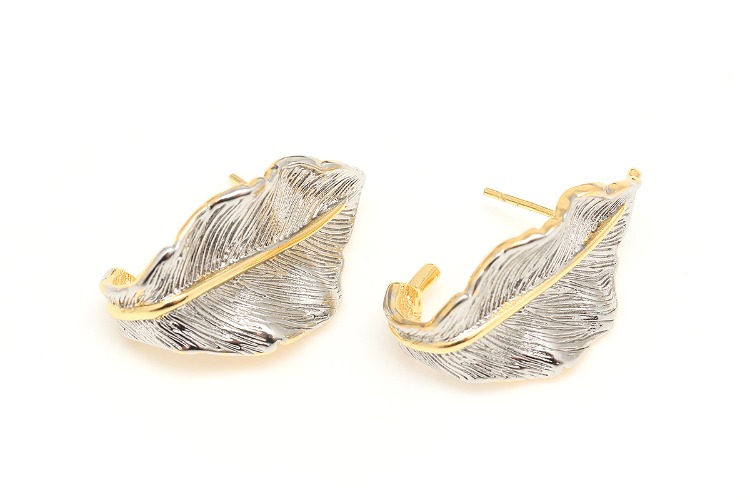 CH5095-Gold Plated&amp;Rhodium Plated-(1pairs)-Dual Color Leaf  Earrings,24*14mm Gold&amp;Silver Color Leaf  Earring, Nickel Free-Silver Post, [PRODUCT_SEARCH_KEYWORD], JEWELFINGER-INBEAD, [CURRENT_CATE_NAME]